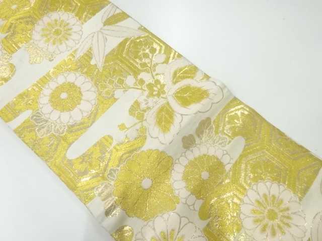 JAPANESE KIMONO / ANTIQUE MARU OBI / WOVEN KIKU & PAULOWNIA